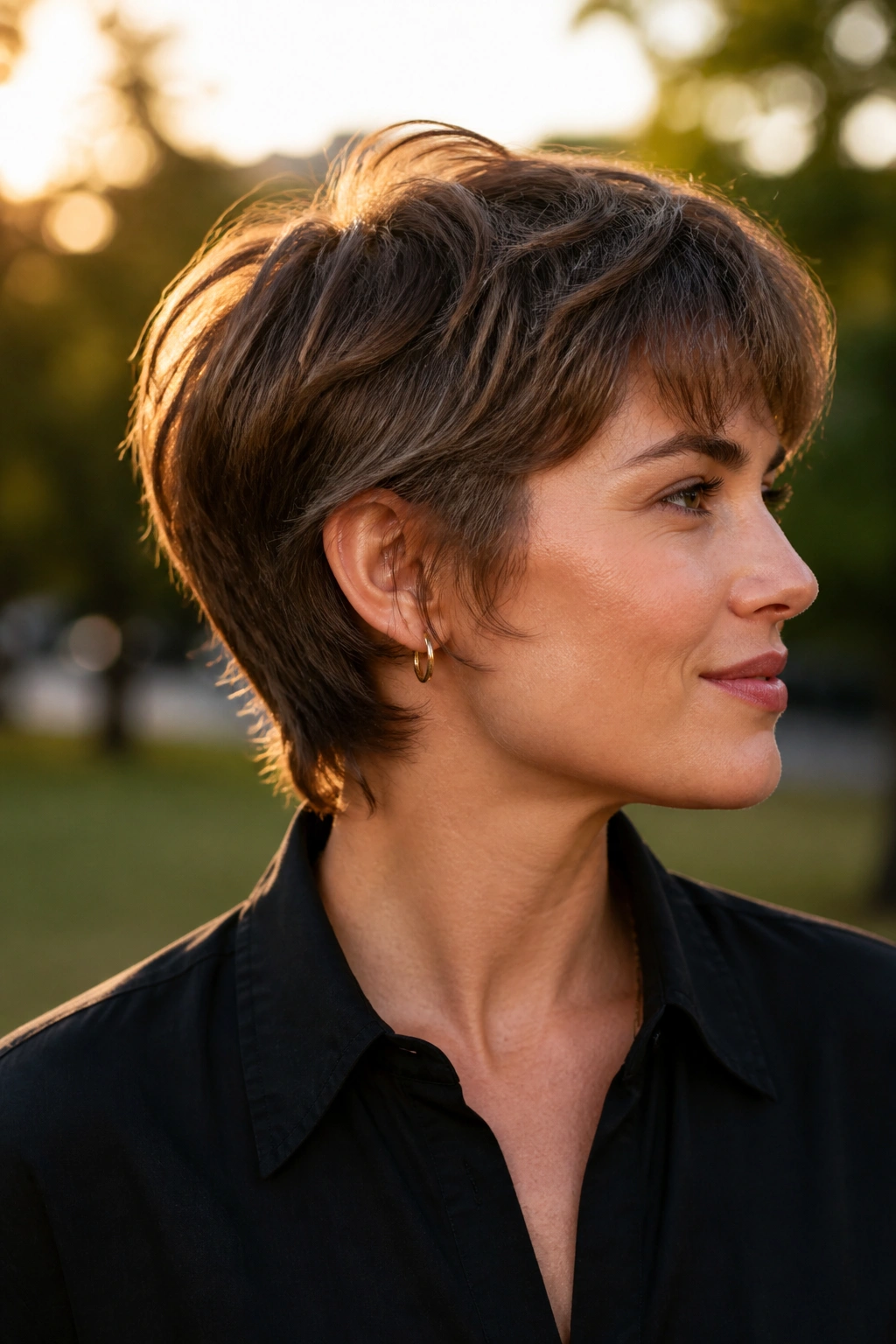 Close-up of a real woman with a bixie cut and feathered ear line