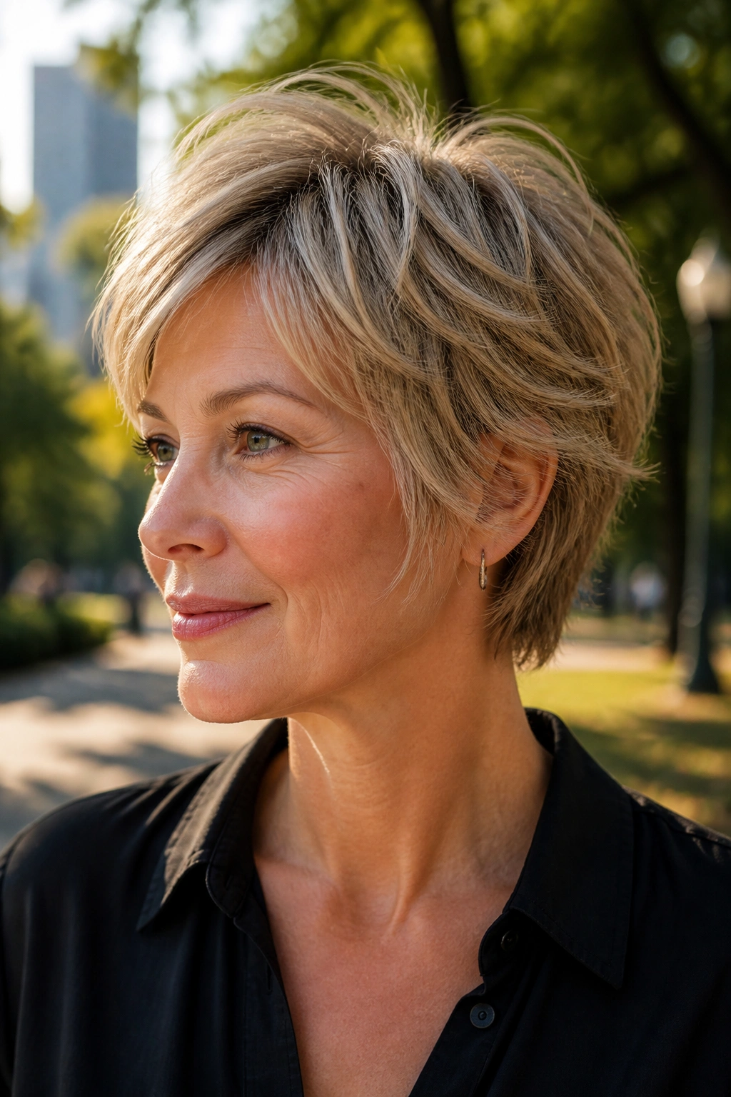 Real woman wearing bixie cut with feathered sides in golden hour light