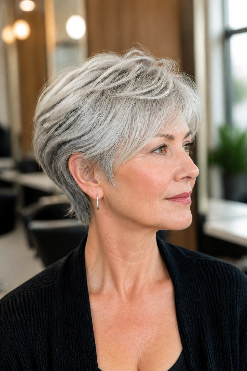 Close-up portrait of a real woman with a Bixie Cut, crown lift and soft sides in a warm salon