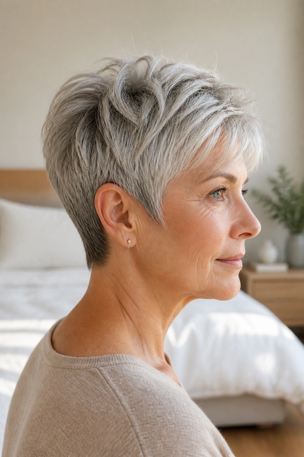 Close-up of a woman with a bixie haircut highlighting top length and tapered nape