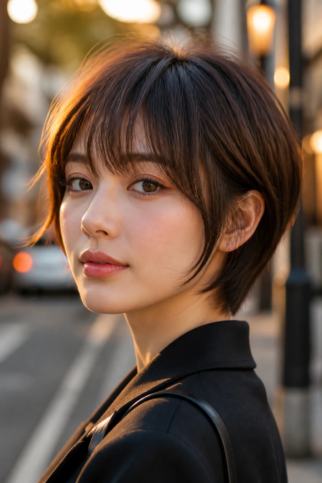 Close-up of a real woman with a bixie cut and soft sideburn fringe on an urban street at golden hour