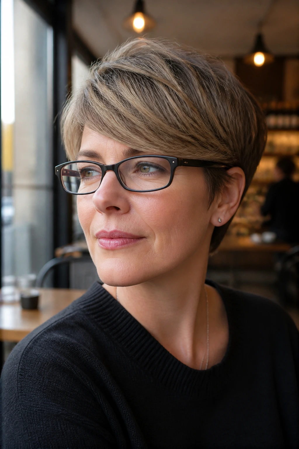 Close-up of a real person with a bixie cut and side-swept fringe wearing glasses.