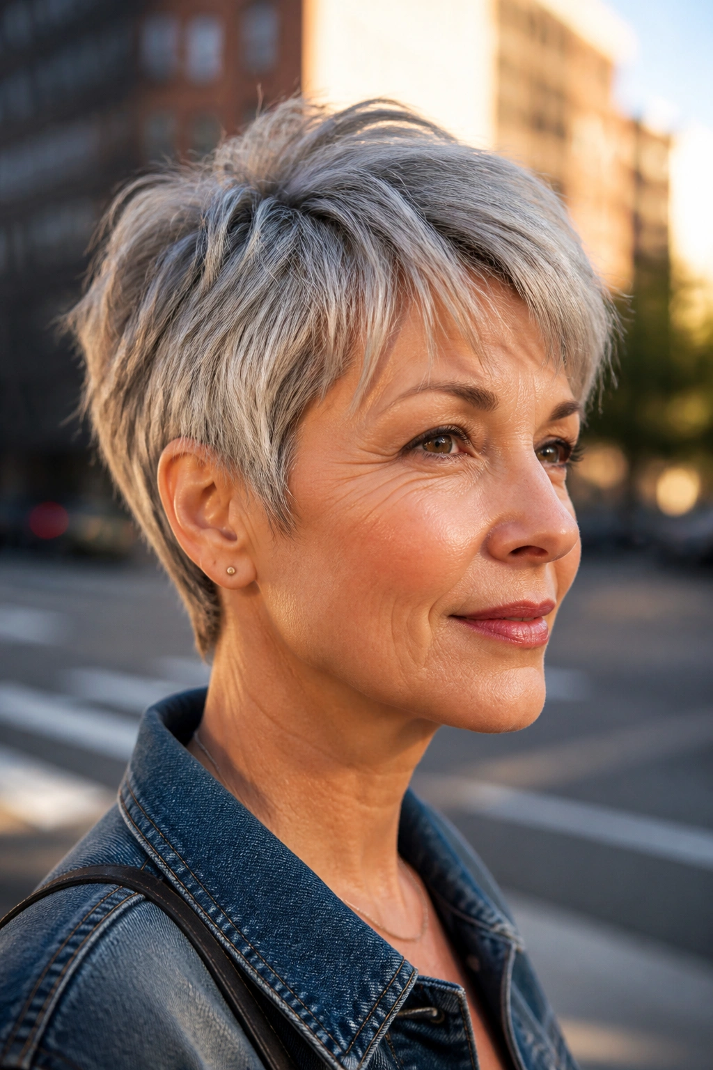 Close-up portrait of a real woman with a bixie cut