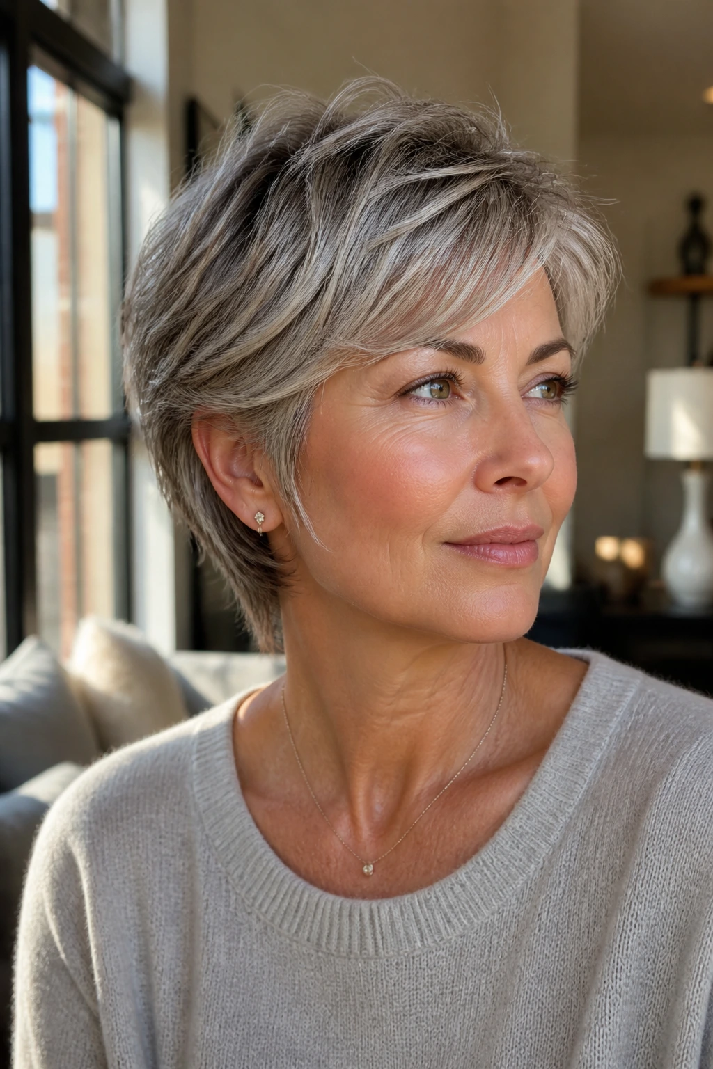 Close-up portrait of a real woman with a bixie cut in warm window light