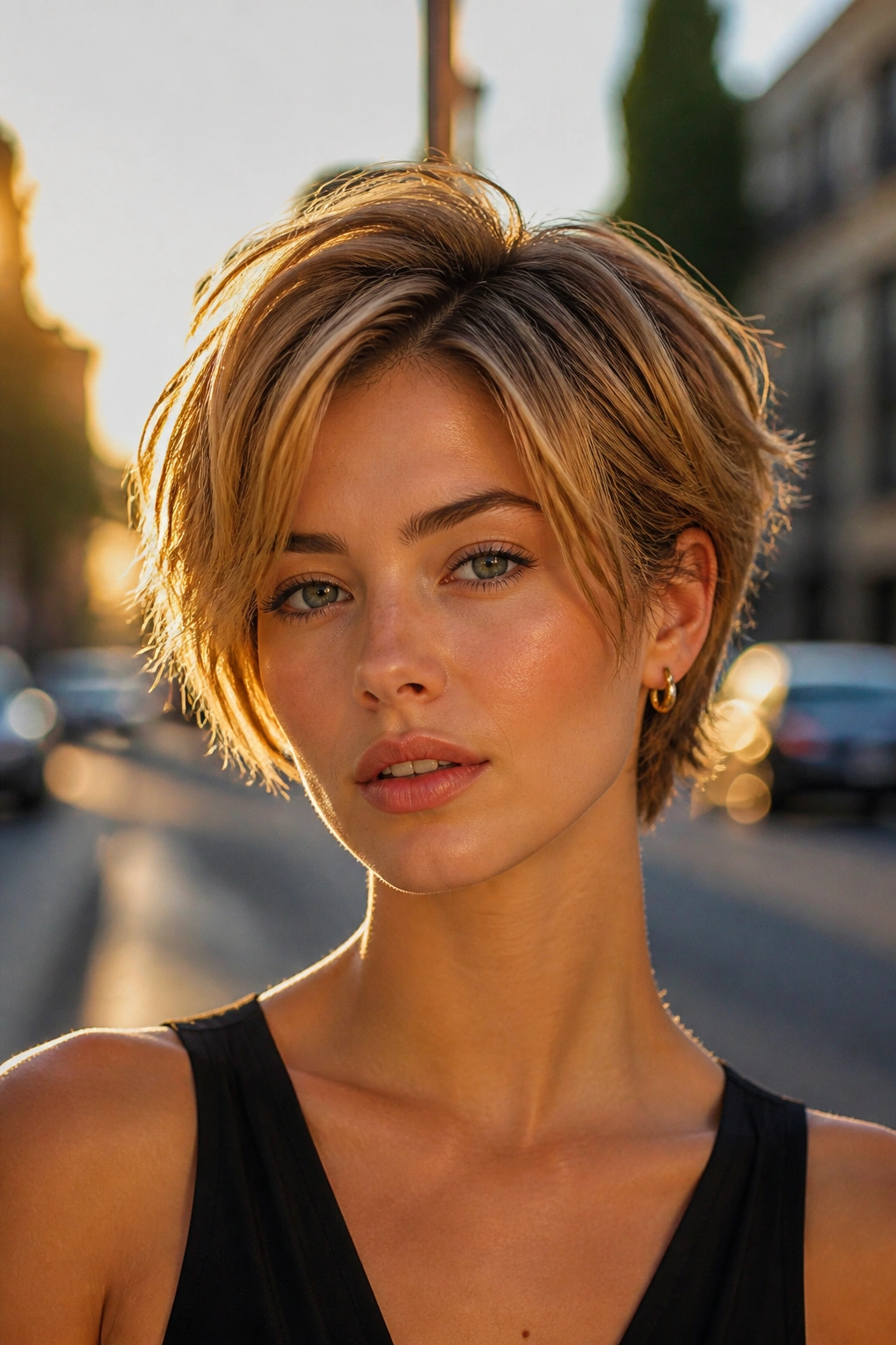 Close-up portrait of a real woman with a bixie cut on a city street at golden hour