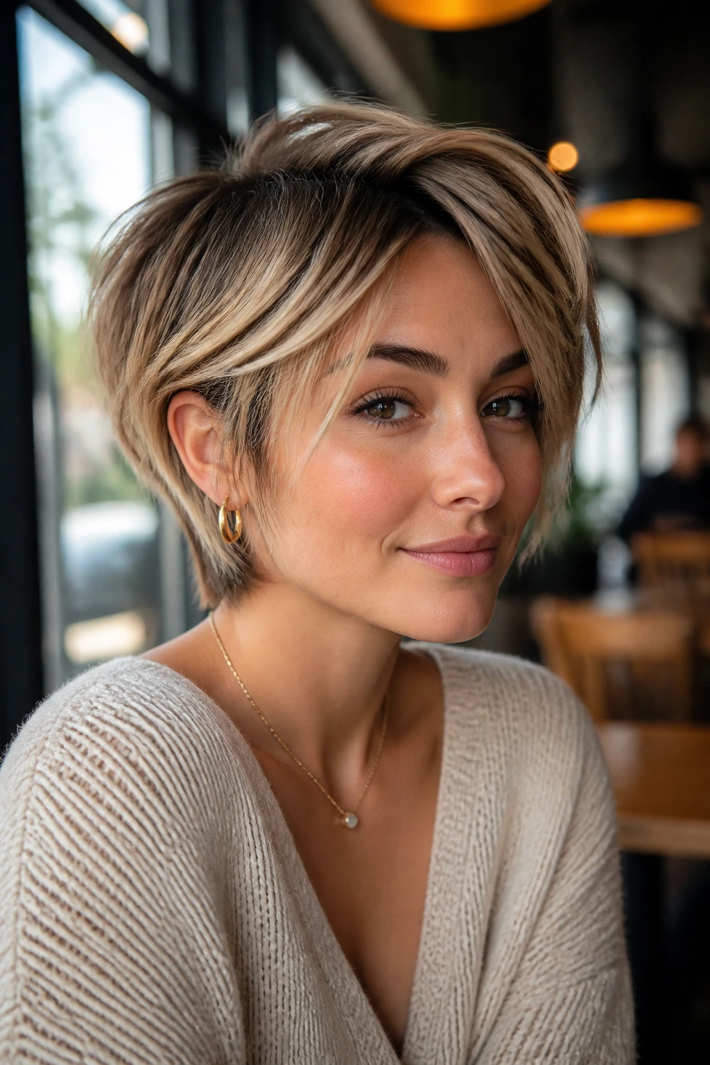 Close-up portrait of a real woman with bixie cut and soft ear framing