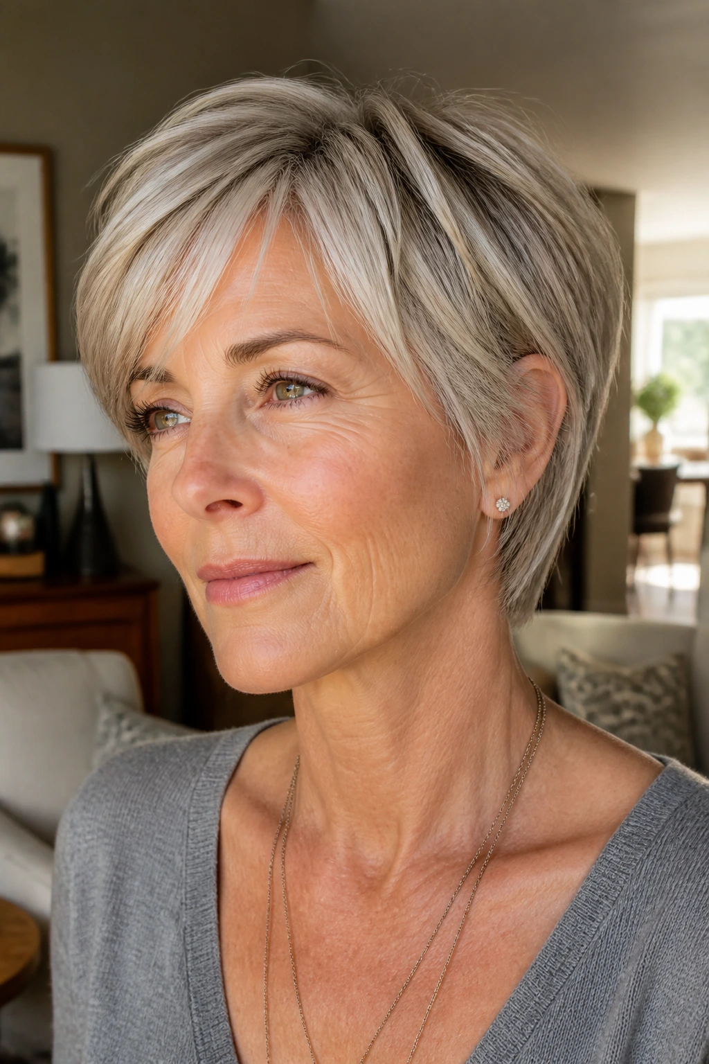 Close-up portrait of a real woman with a bixie cut showing longer top and shorter back