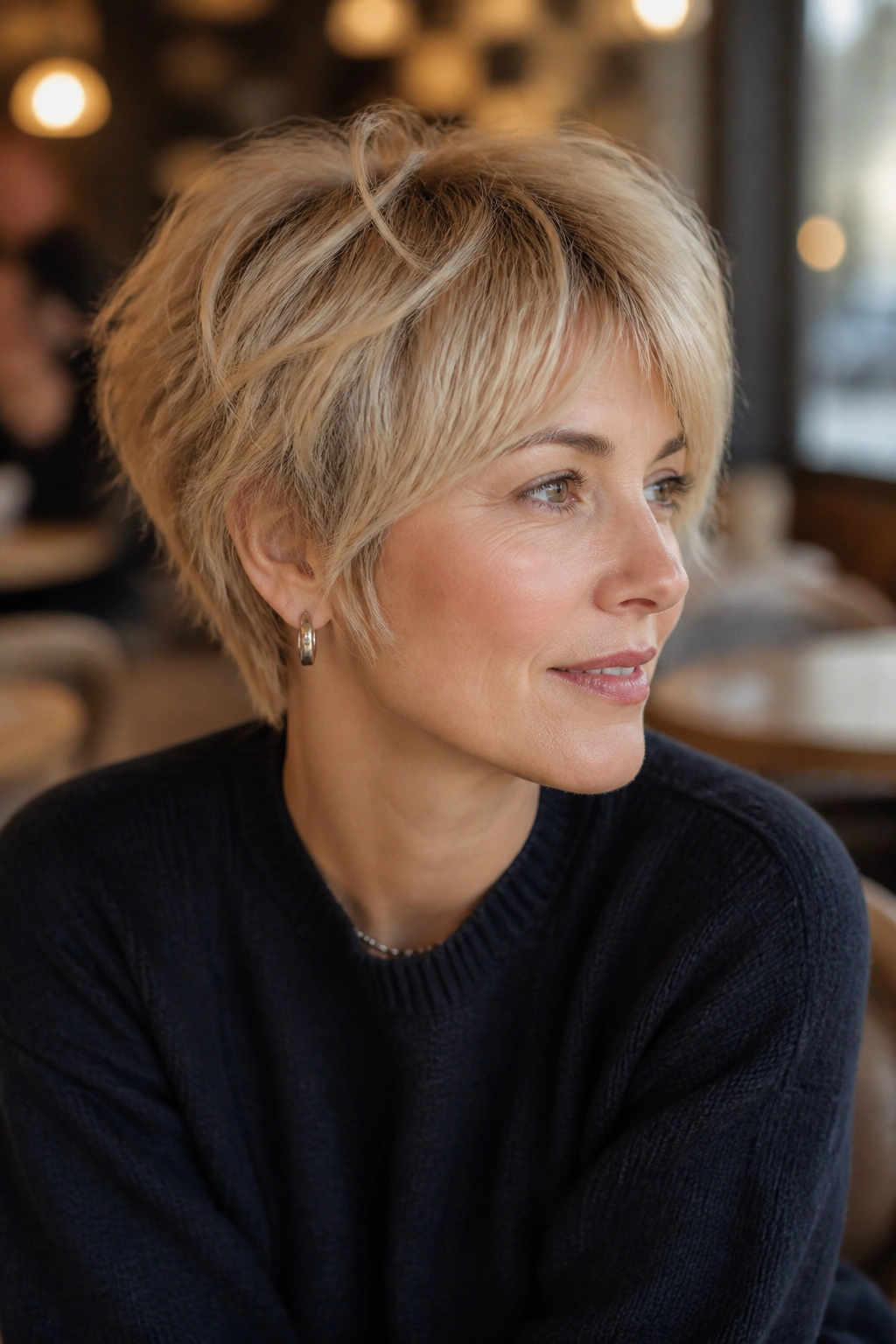 Close-up of a real woman showing a bixie cut hairstyle