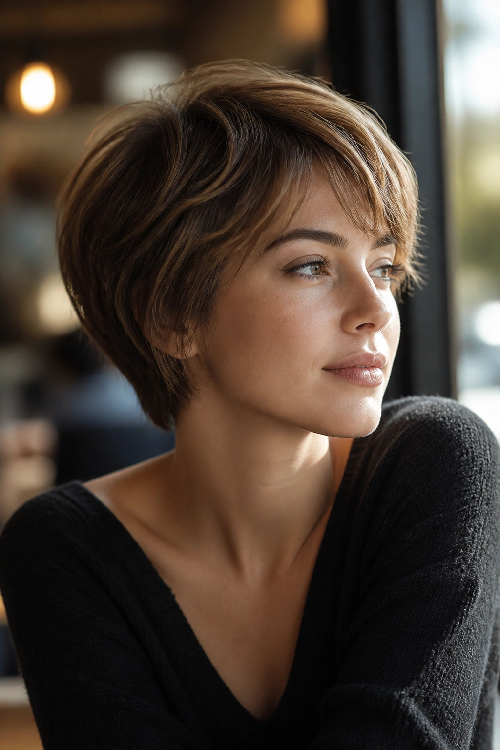 Portrait of a real woman with a bixie cut between pixie and bob
