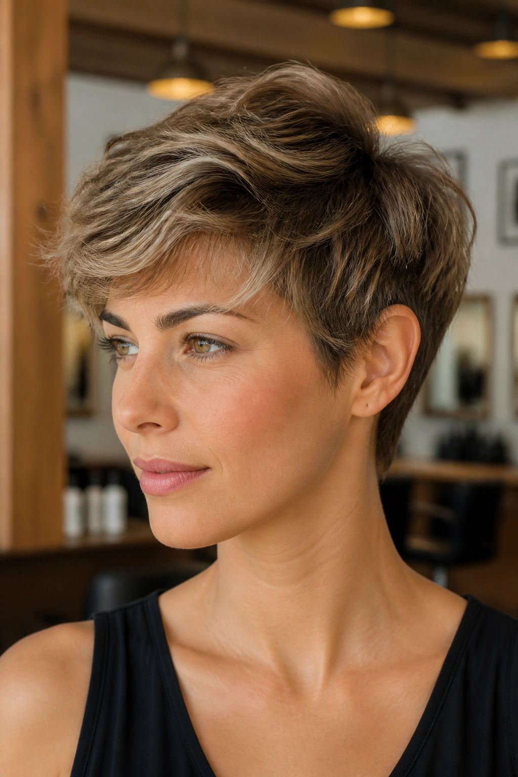 Real person with bixie cut in warm salon lighting.
