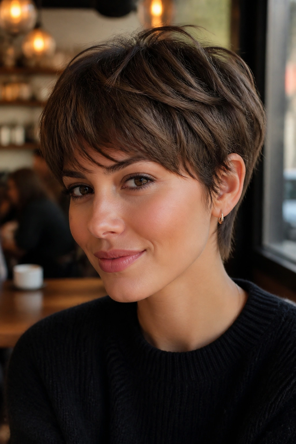 Portrait of a real person with bixie cut hairstyle