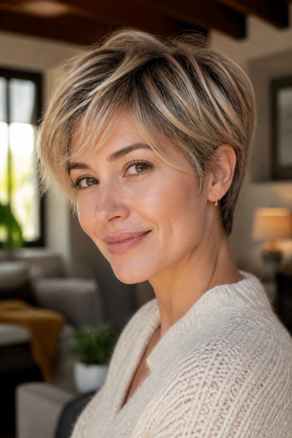 Close-up of a real woman with a bixie cut hairstyle.