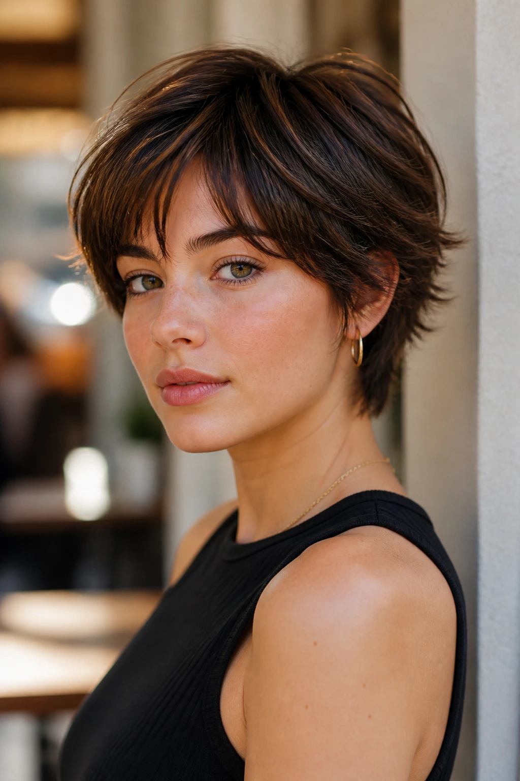 Close-up of a woman with a bixie cut in sunny interior light