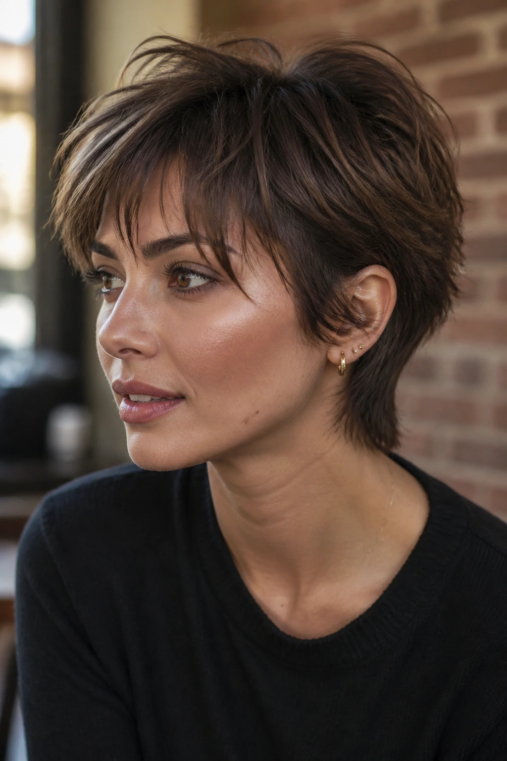 Close-up portrait of a real woman with a bixie cut featuring short back and face-framing layers, in warm window-light cafe setting.