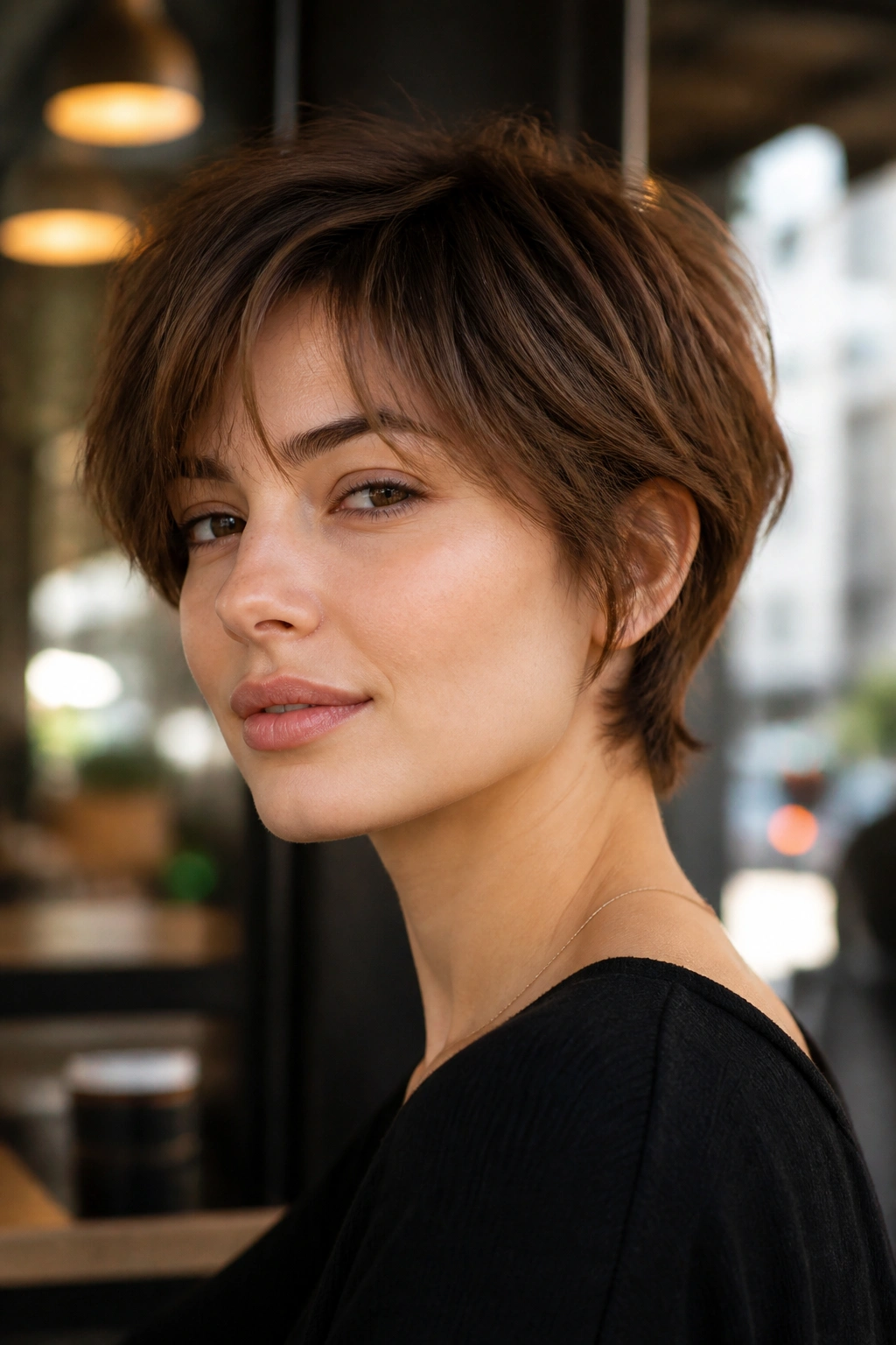 Portrait of a woman with a bixie hairstyle showcasing cheek-softening layers.