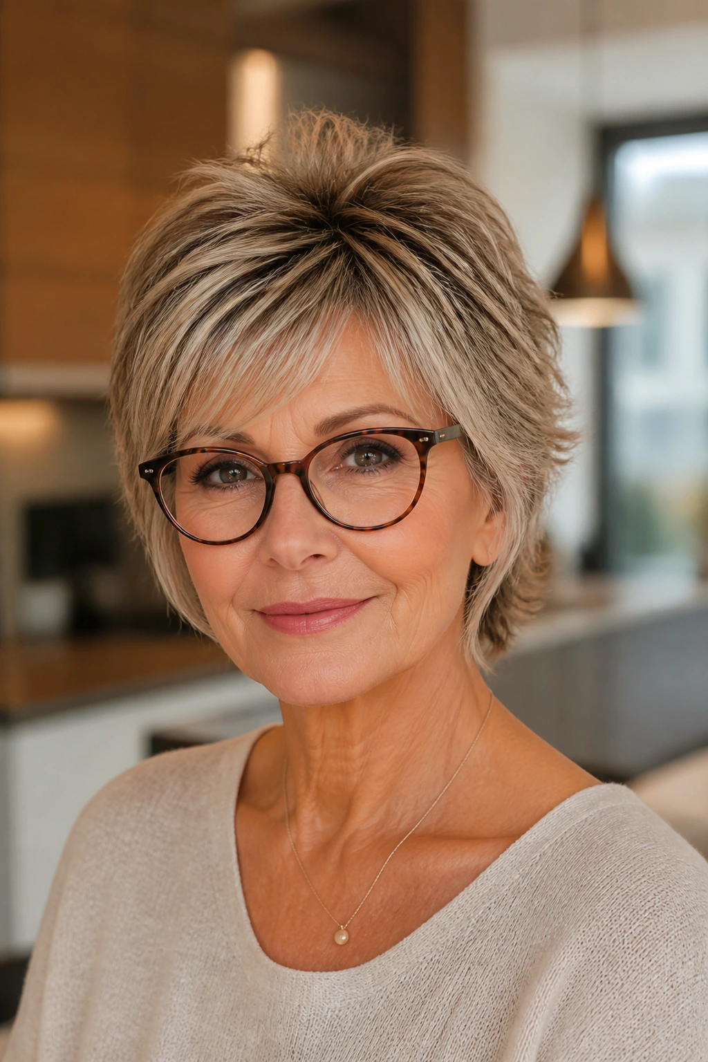 Close-up of older woman with bixie cut and lifted crown wearing glasses