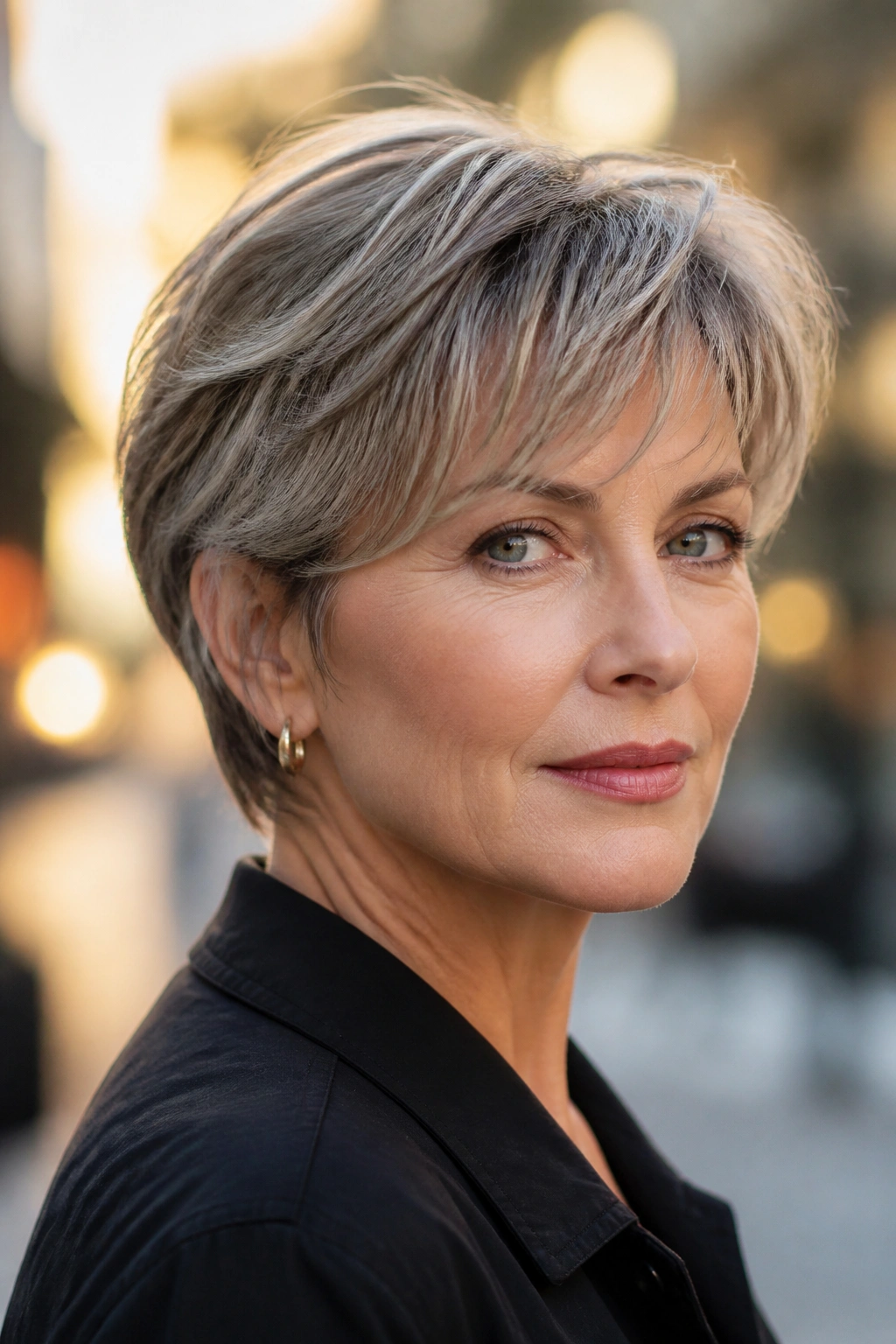 Woman with bixie haircut outdoors in golden hour light
