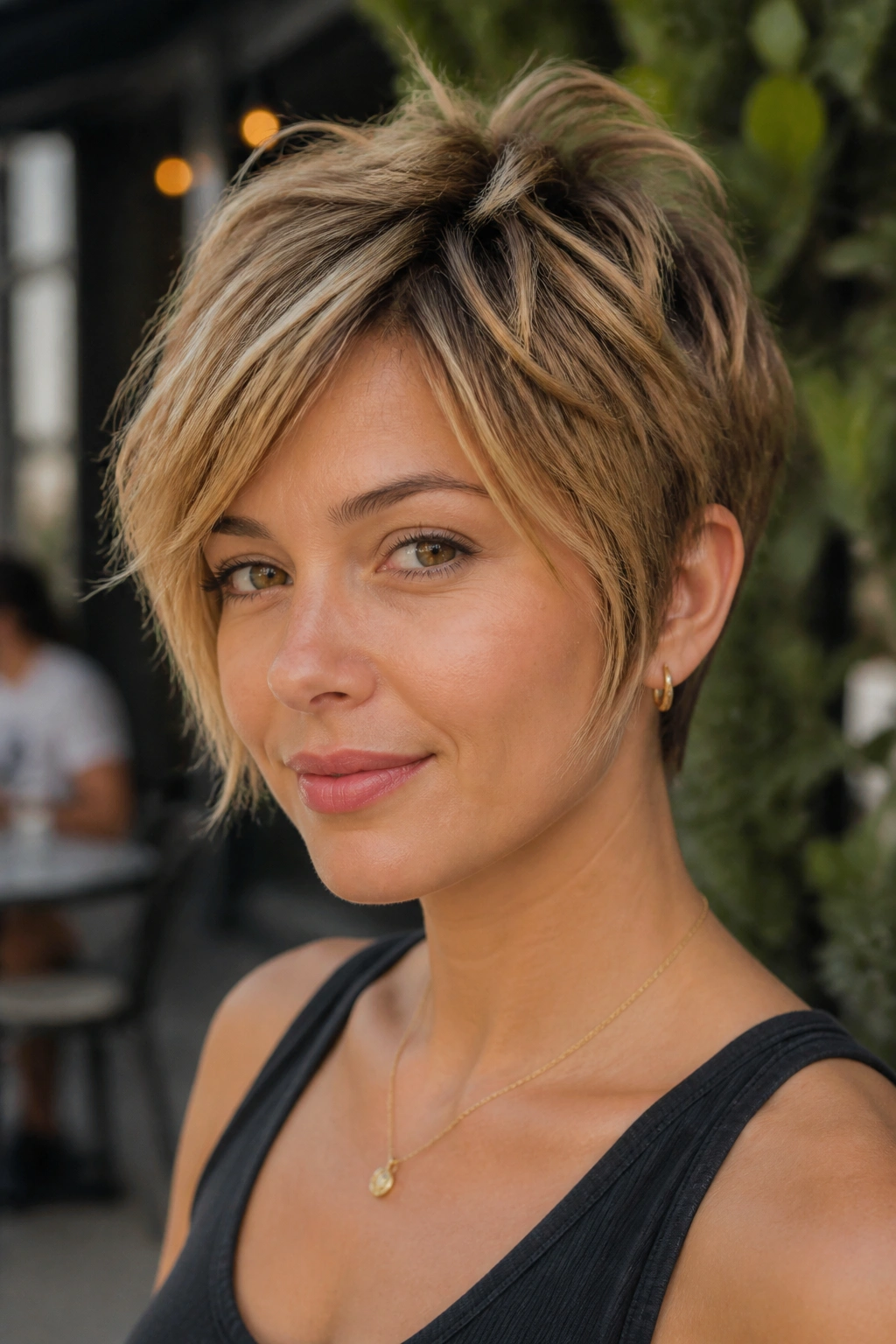 Close-up of a real woman with bixie cut on sidewalk cafe backdrop