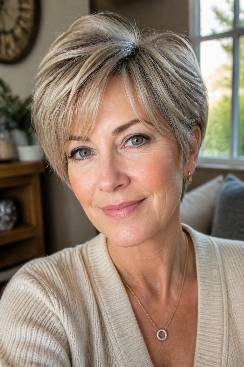 Close-up portrait of a real woman with a bixie cut, textured crown and soft nape