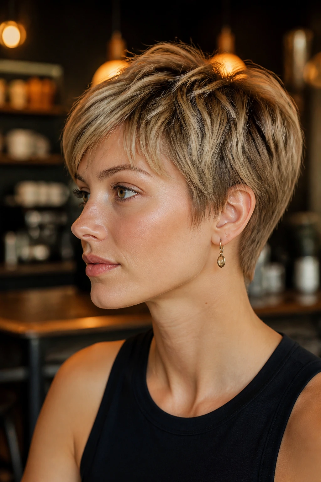 Close-up of a real woman with a bixie cut in warm cafe interior