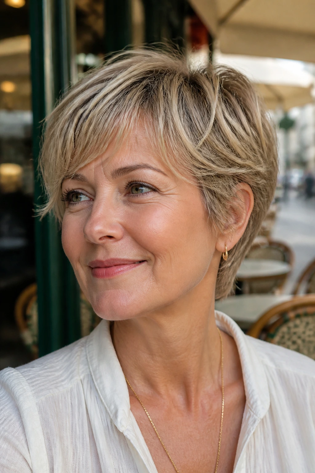 Portrait of a real person with a bixie cut hairstyle