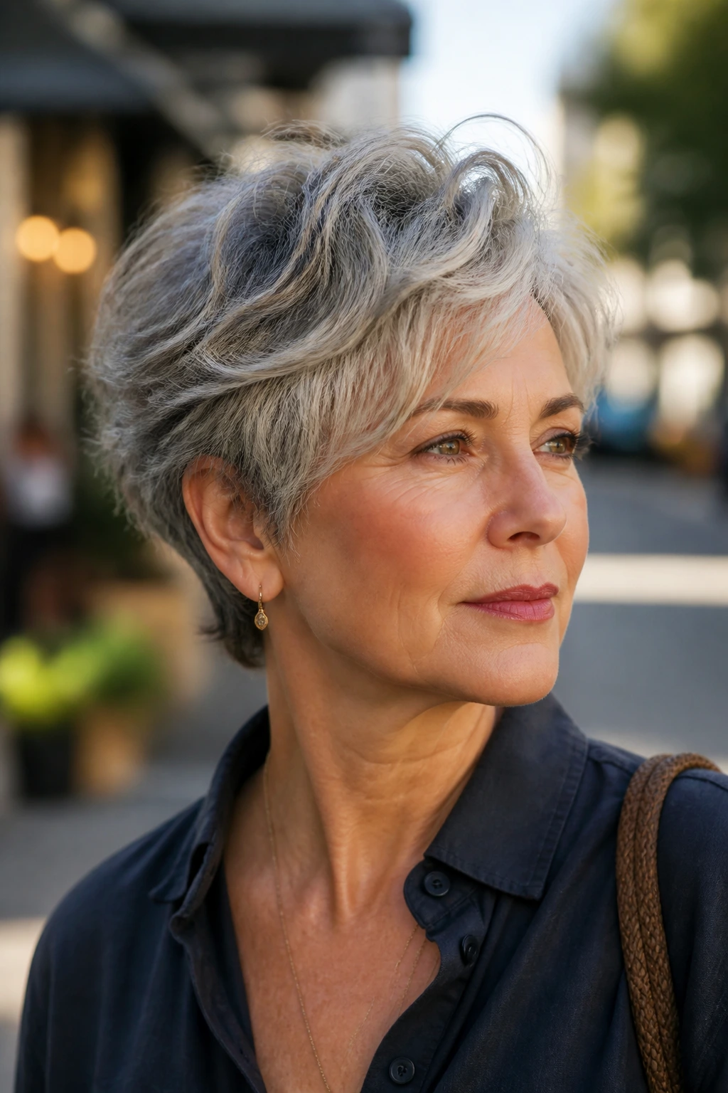 Close-up portrait of a real woman with a bixie haircut, shorter back and longer top, in natural outdoor light.