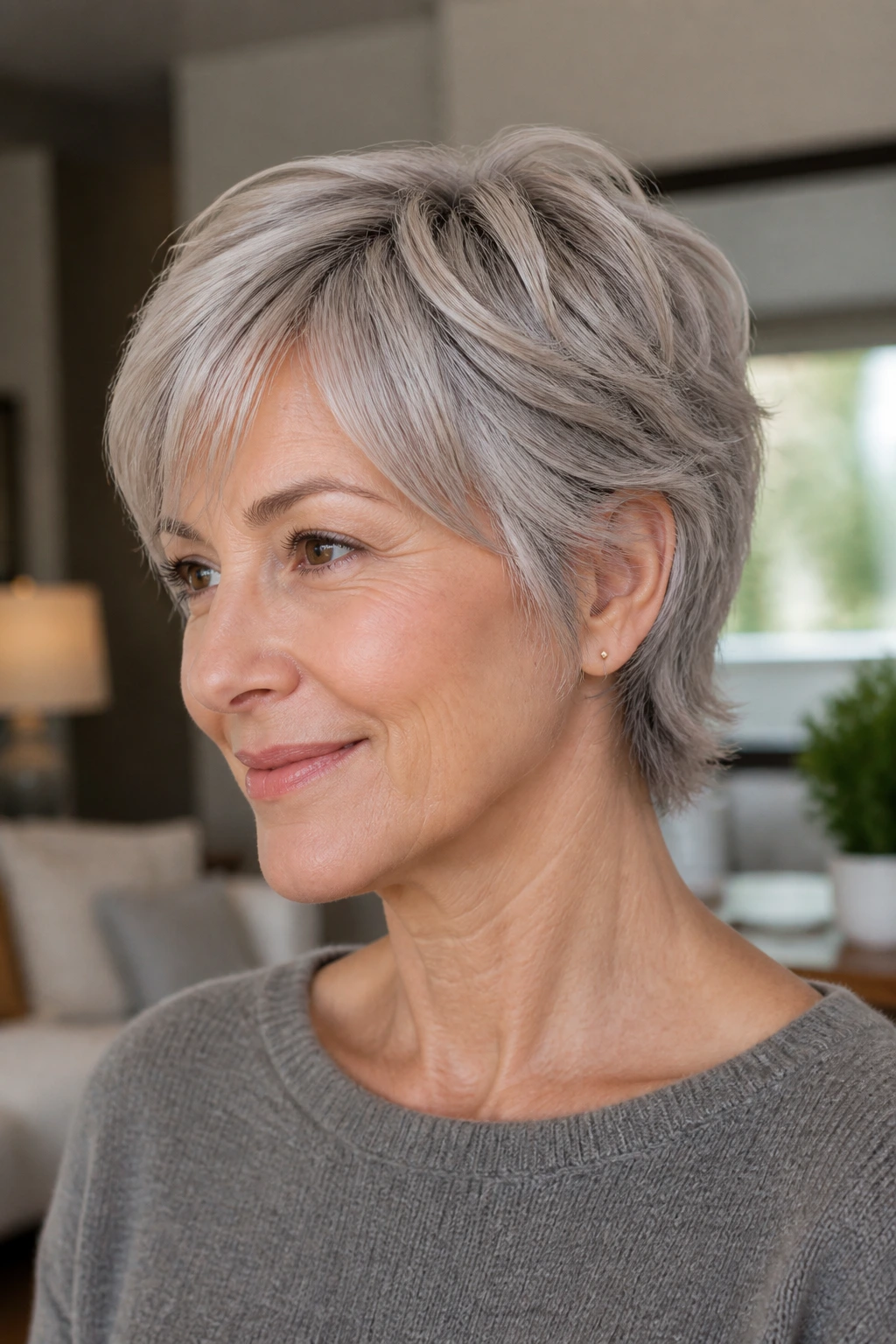 Portrait of a real woman wearing a bixie cut showing front length and a shorter back in natural light.