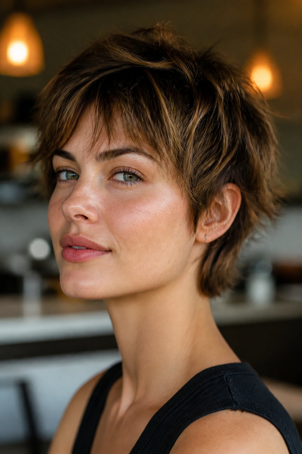 Close-up of a real woman with a bixie cut, piecey top and soft sides.
