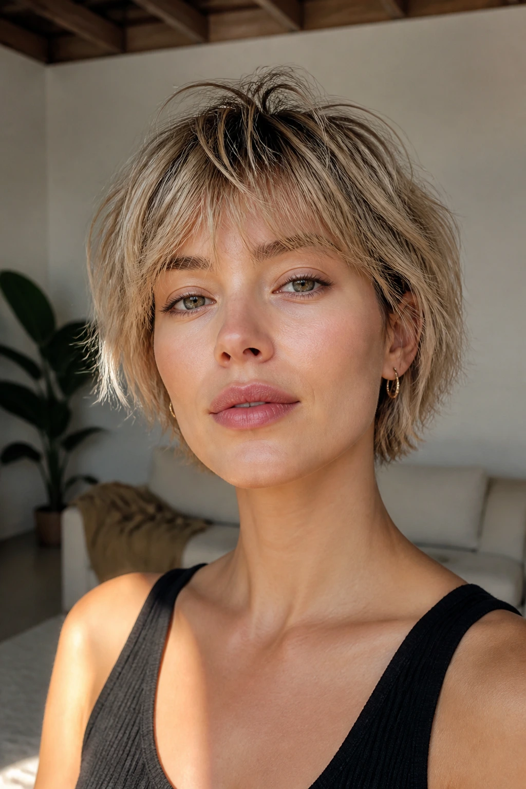 Close-up of a real woman with a bixie cut in a sunlit loft
