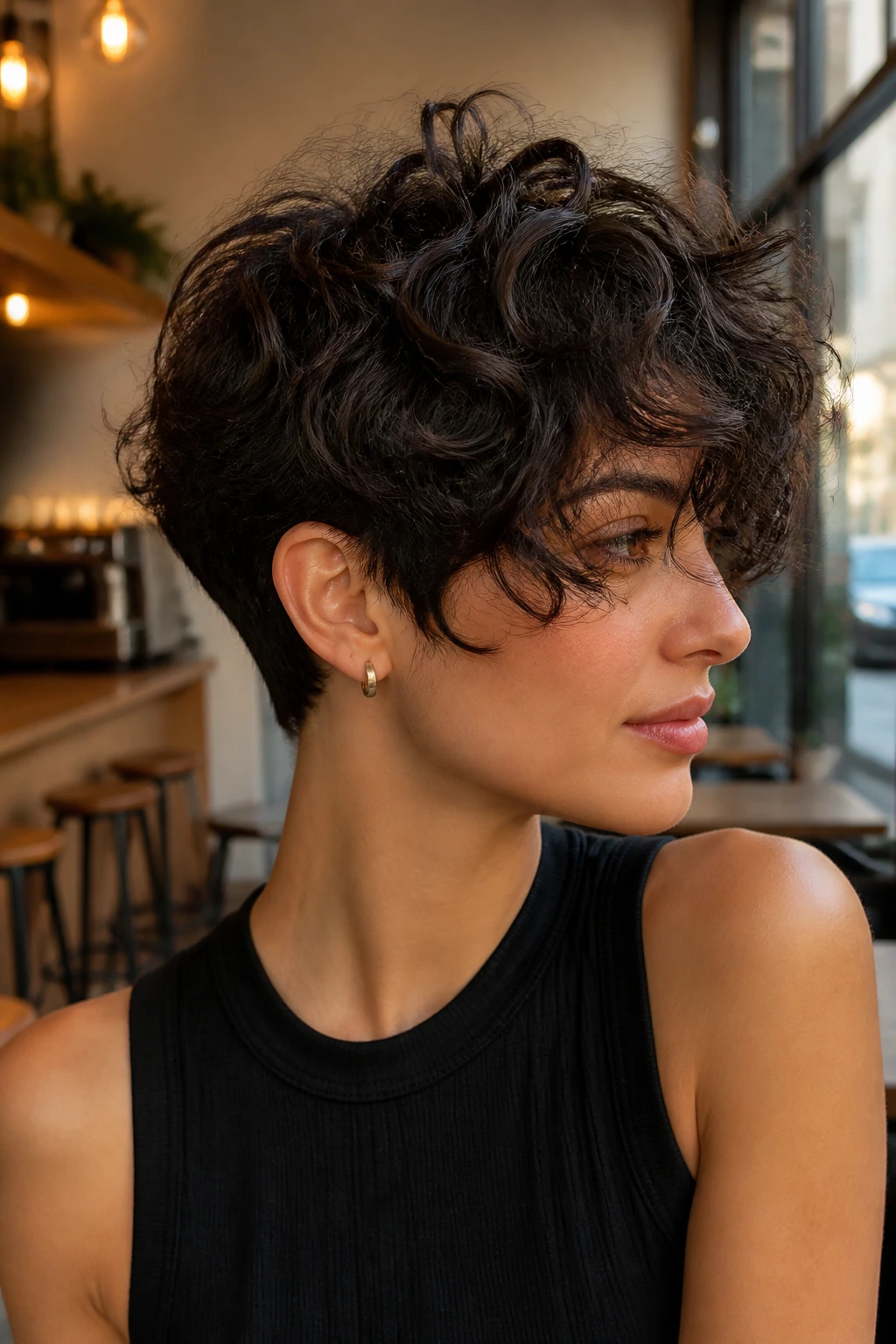 Portrait of a real person with a bixie haircut, back short, front longer, in warm cafe lighting
