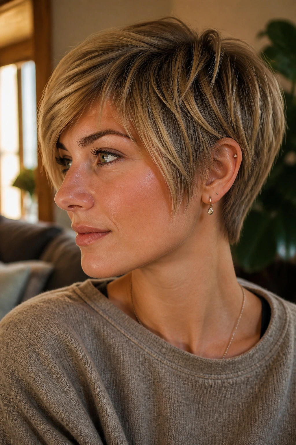 Close-up of bixie cut on a real person with cropped back and longer front
