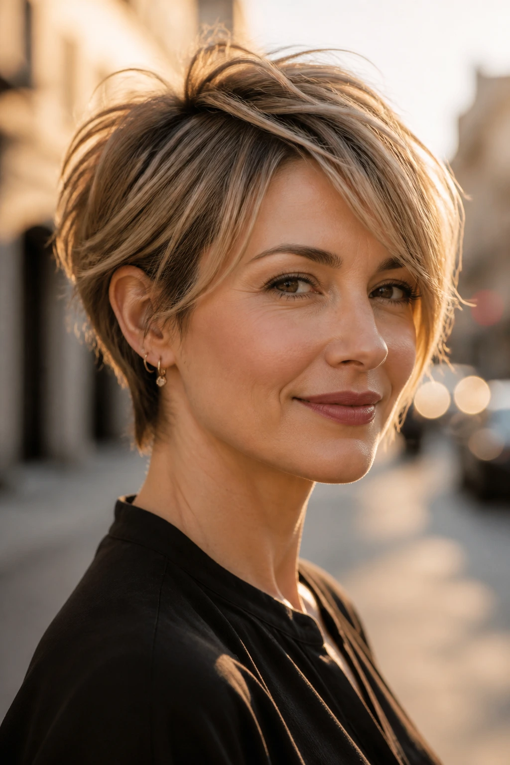 Close-up of a woman with a bixie cut on an urban street at golden hour.