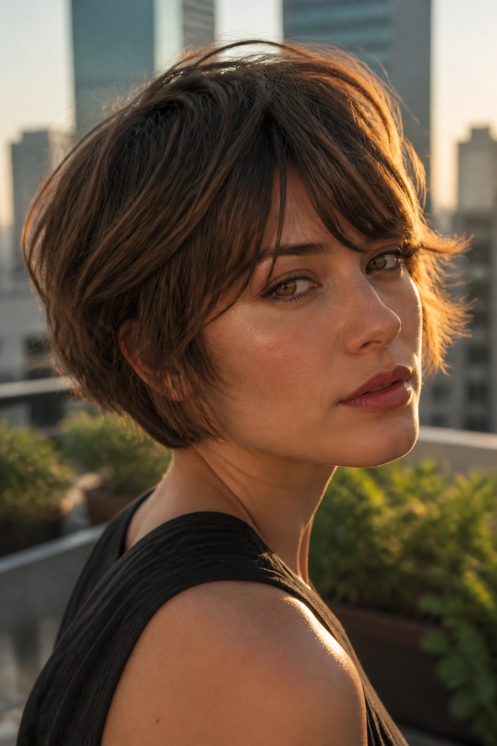 Close-up portrait of a real woman with bixie cut hairstyle in golden hour light
