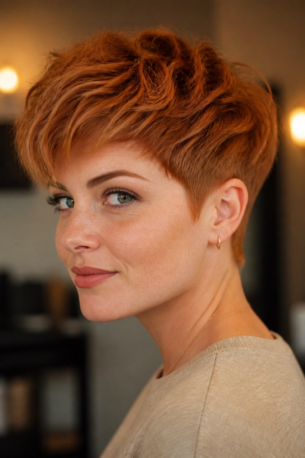 Close-up of real person with bixie cut, tapered sides and longer top in copper-red hair