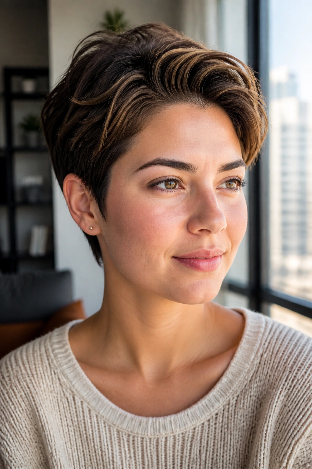 Portrait of a real person with a bixie cut for round face style