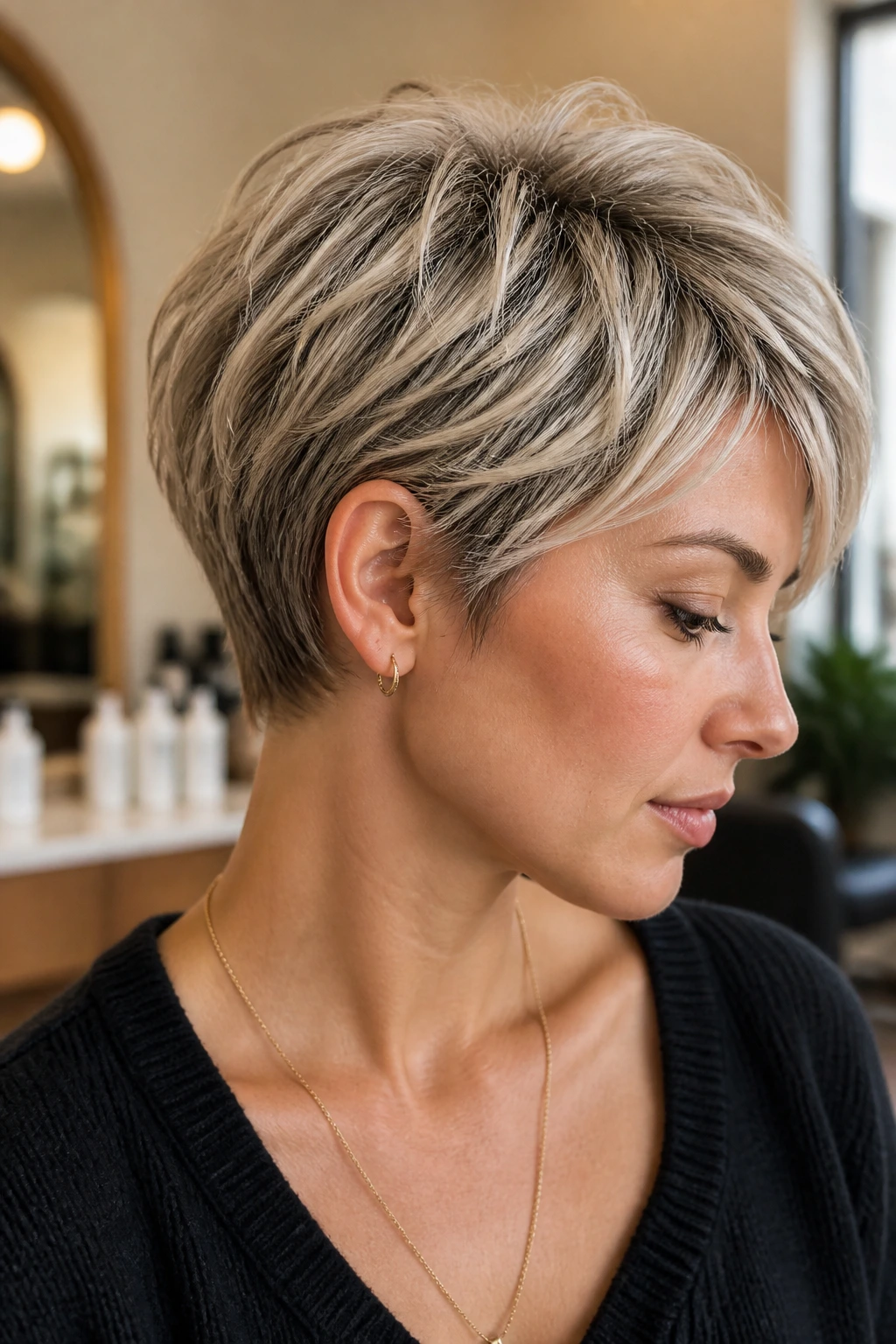 Portrait of a real woman with a bixie cut and soft tapered ends in warm salon light