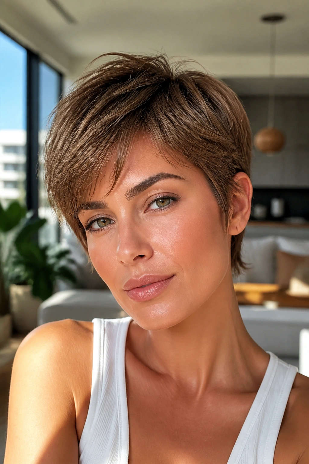 Close-up of a woman with a bixie cut in a bright living room setting.