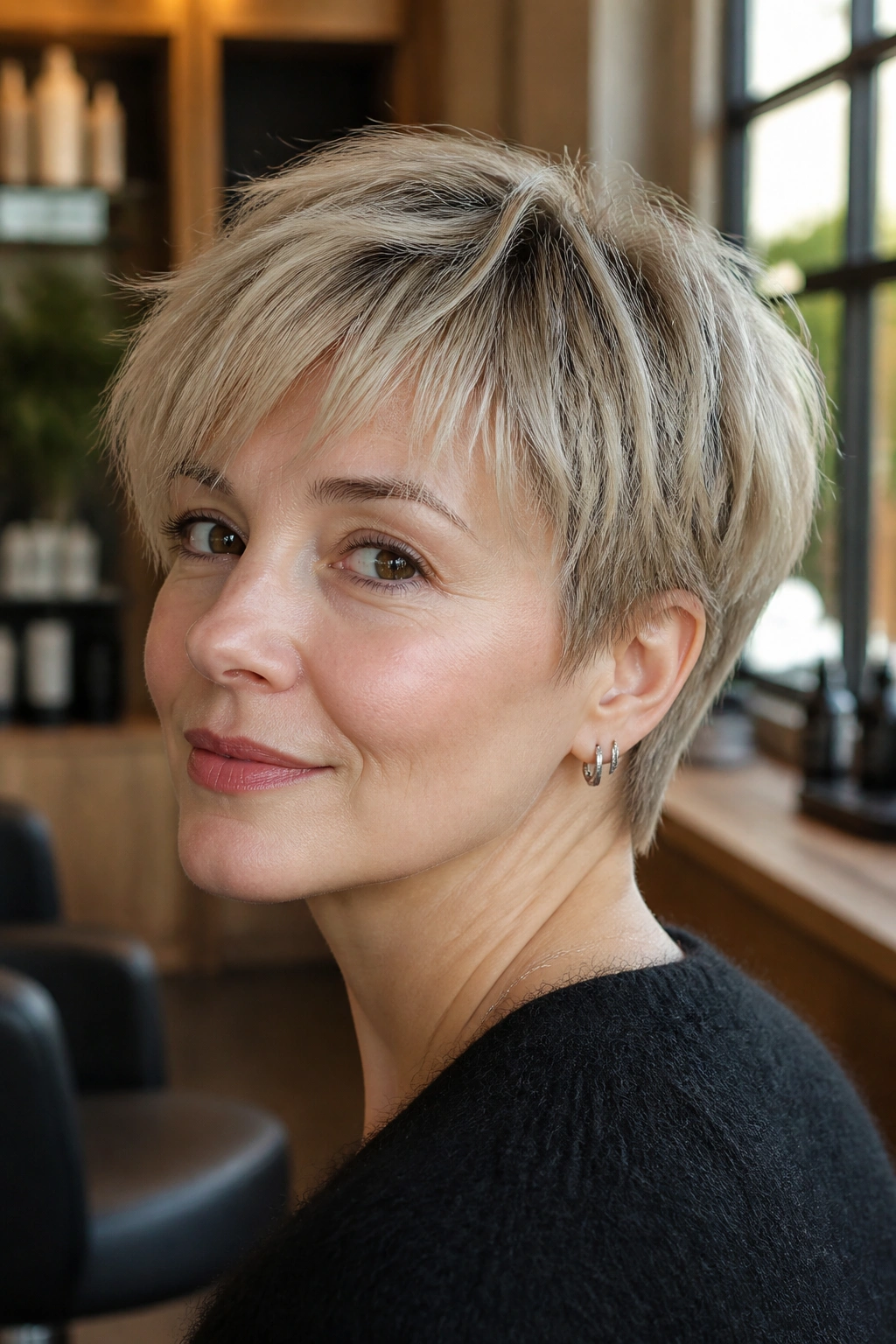 Close-up of a real woman with a bixie cut in warm salon light