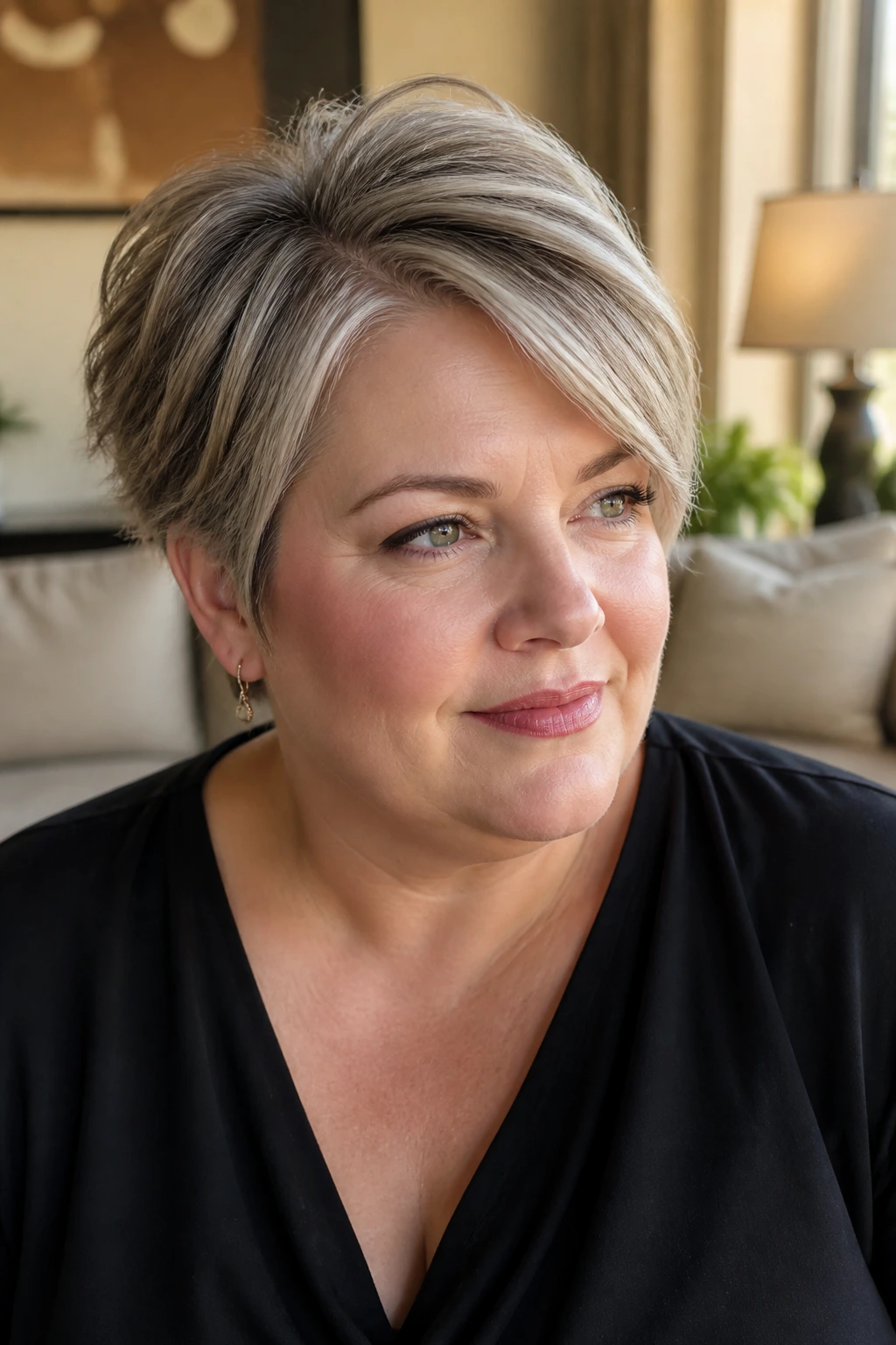 Close-up portrait of a plus-size woman with bixie cut and side part