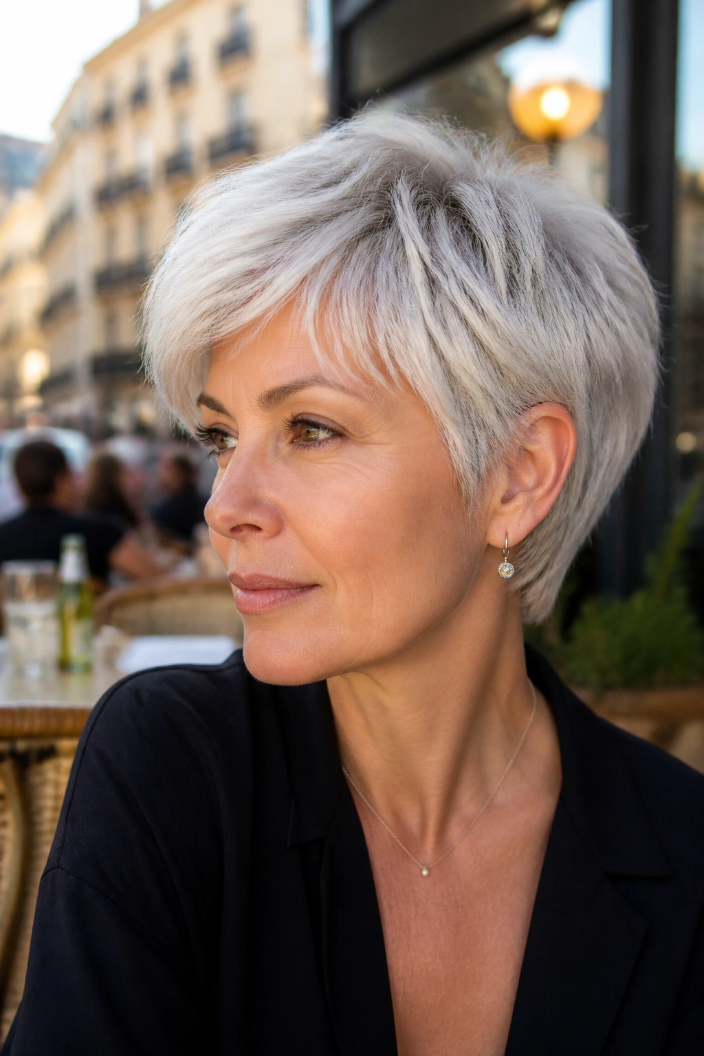 Portrait of person with silver-white bixie in outdoor light