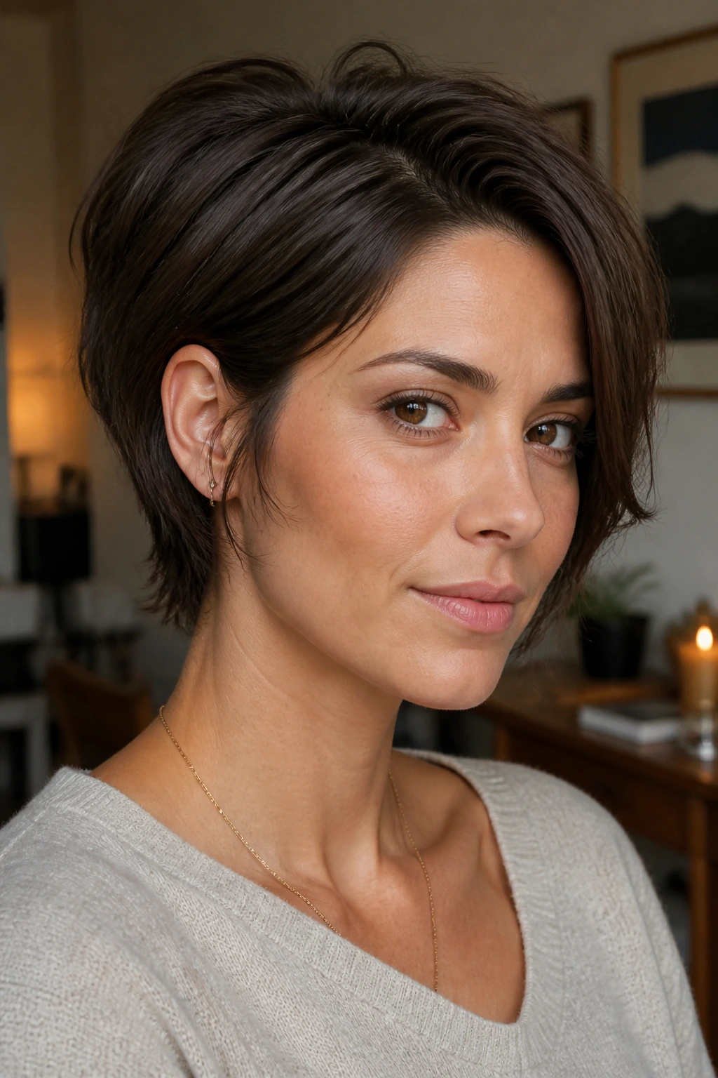 Close-up portrait of a real woman with bixie cut and soft sideburns.