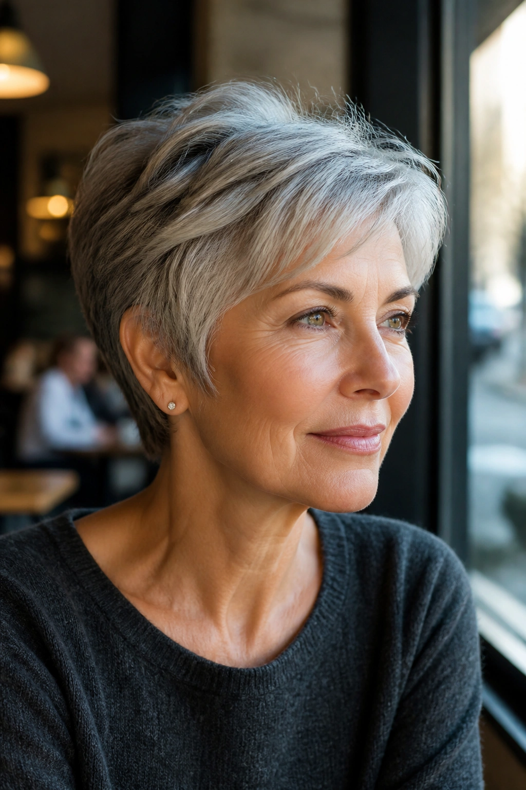 Close-up of a real woman with a bixie cut and soft sides