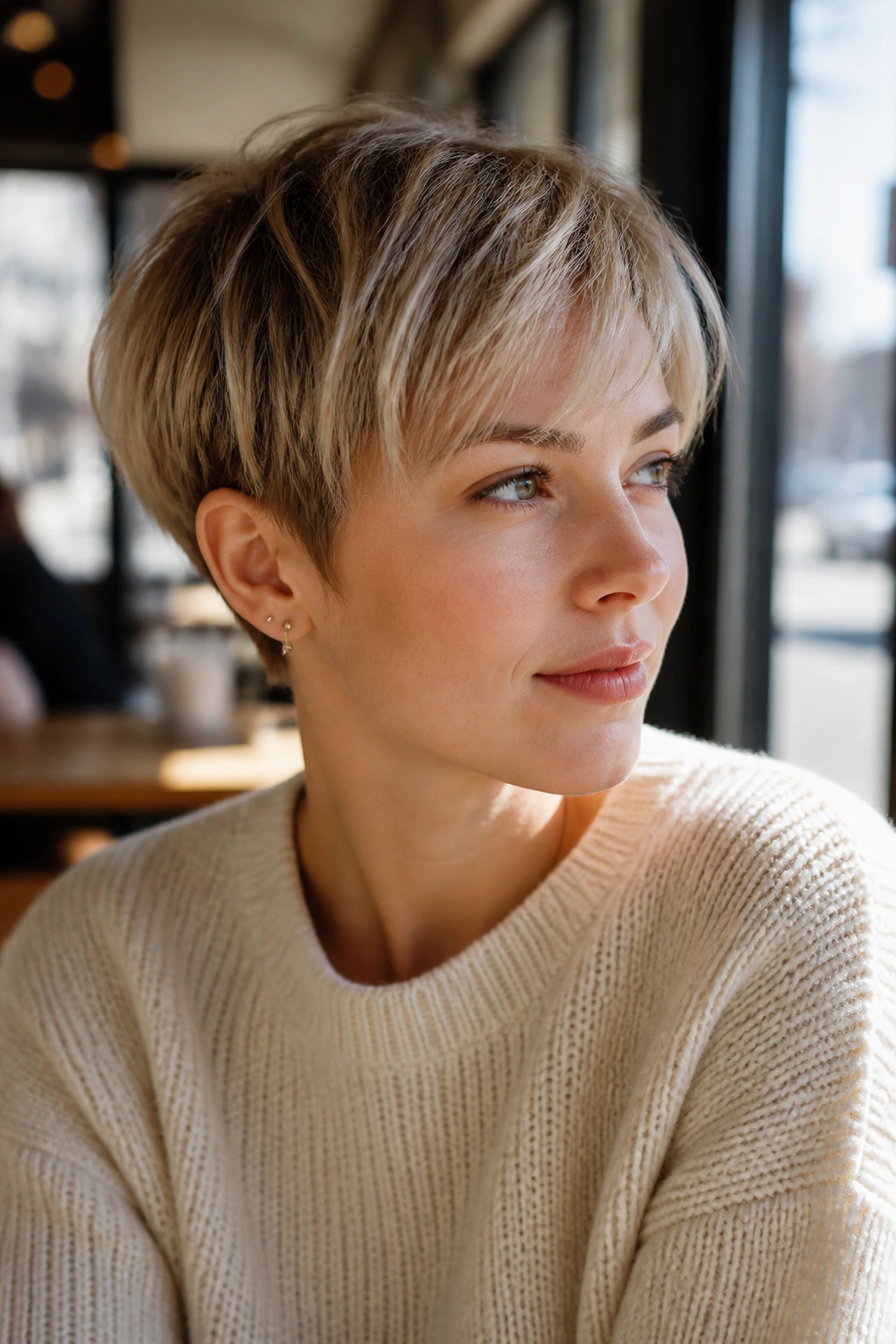 Close-up portrait of a woman with a bixie cut in a sunlit cafe setting.