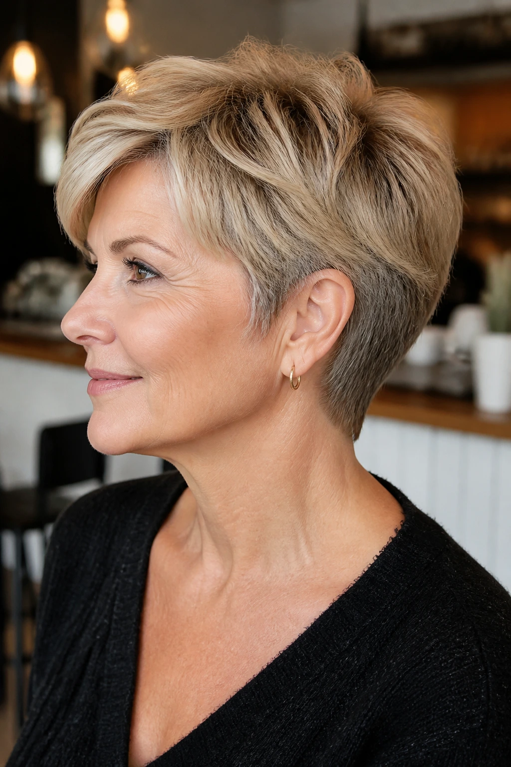 Close-up of a real woman with bixie cut and tapered nape.