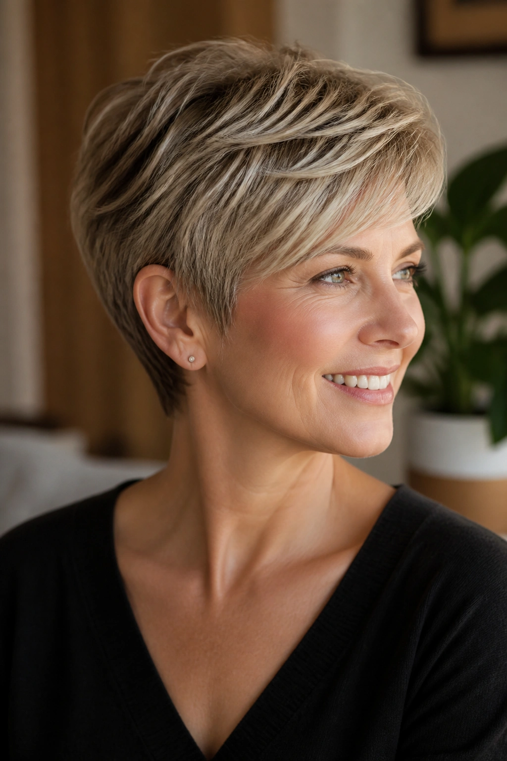 Close-up of a real woman with a bixie cut showing short back and longer crown.
