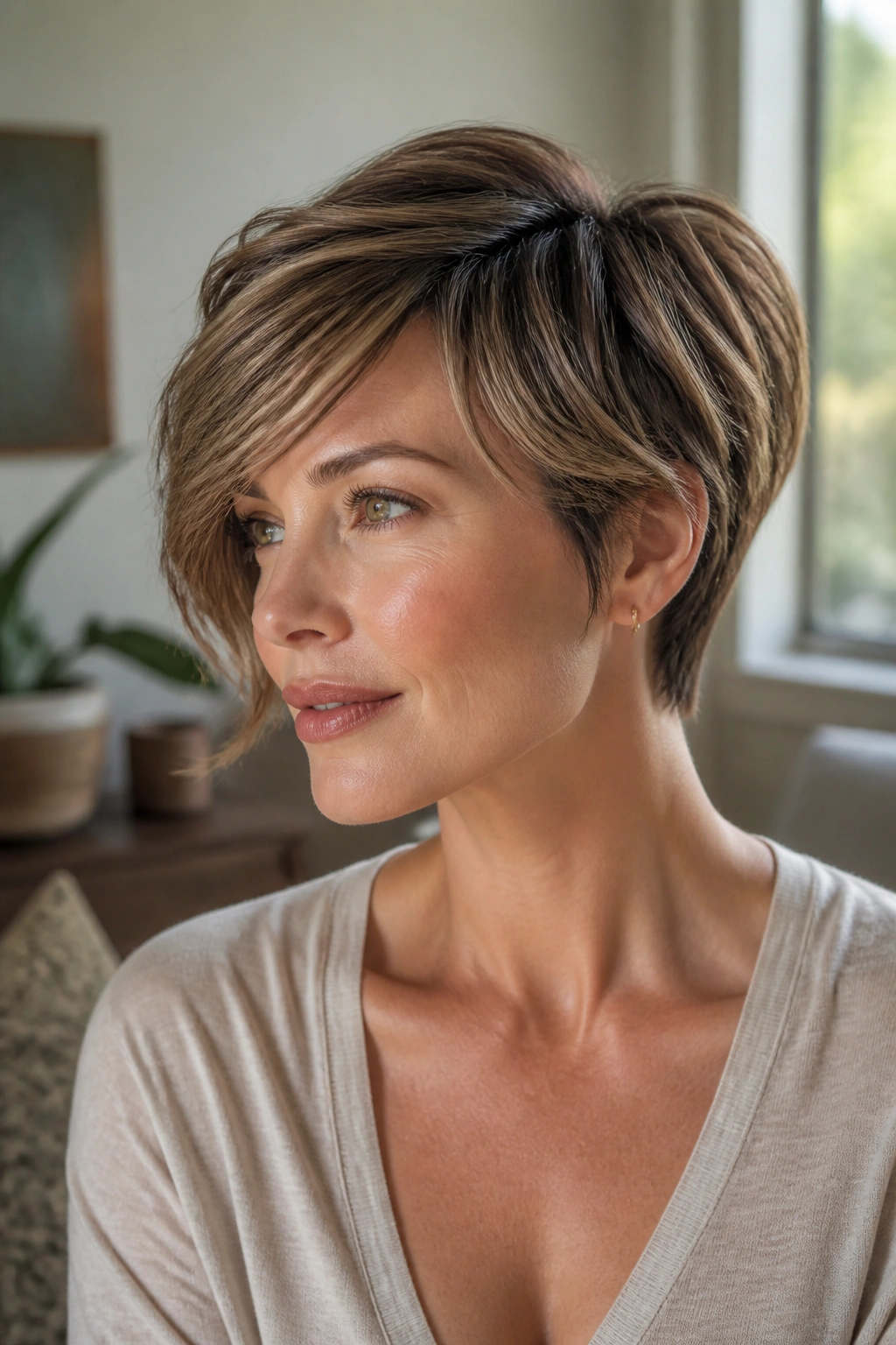 Close-up portrait of a real woman with a bixie cut for thick hair, front length near the cheekbone and layered crown
