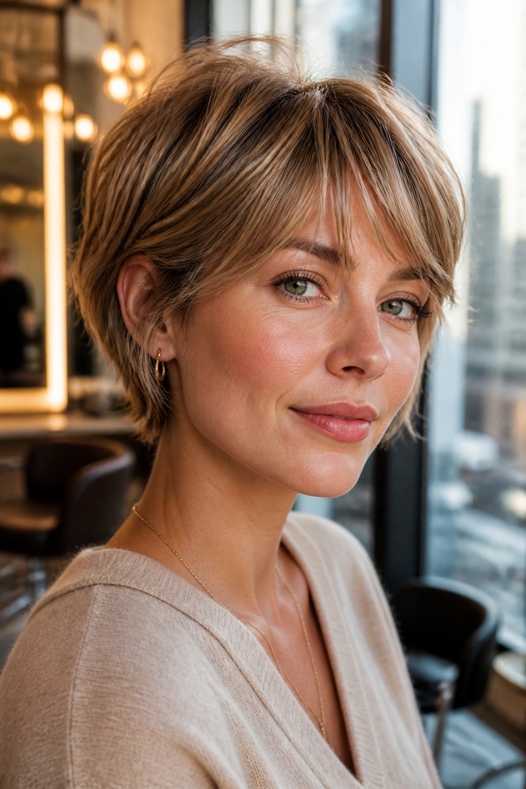 Medium close-up of a woman with a soft bixie and feathered fringe.