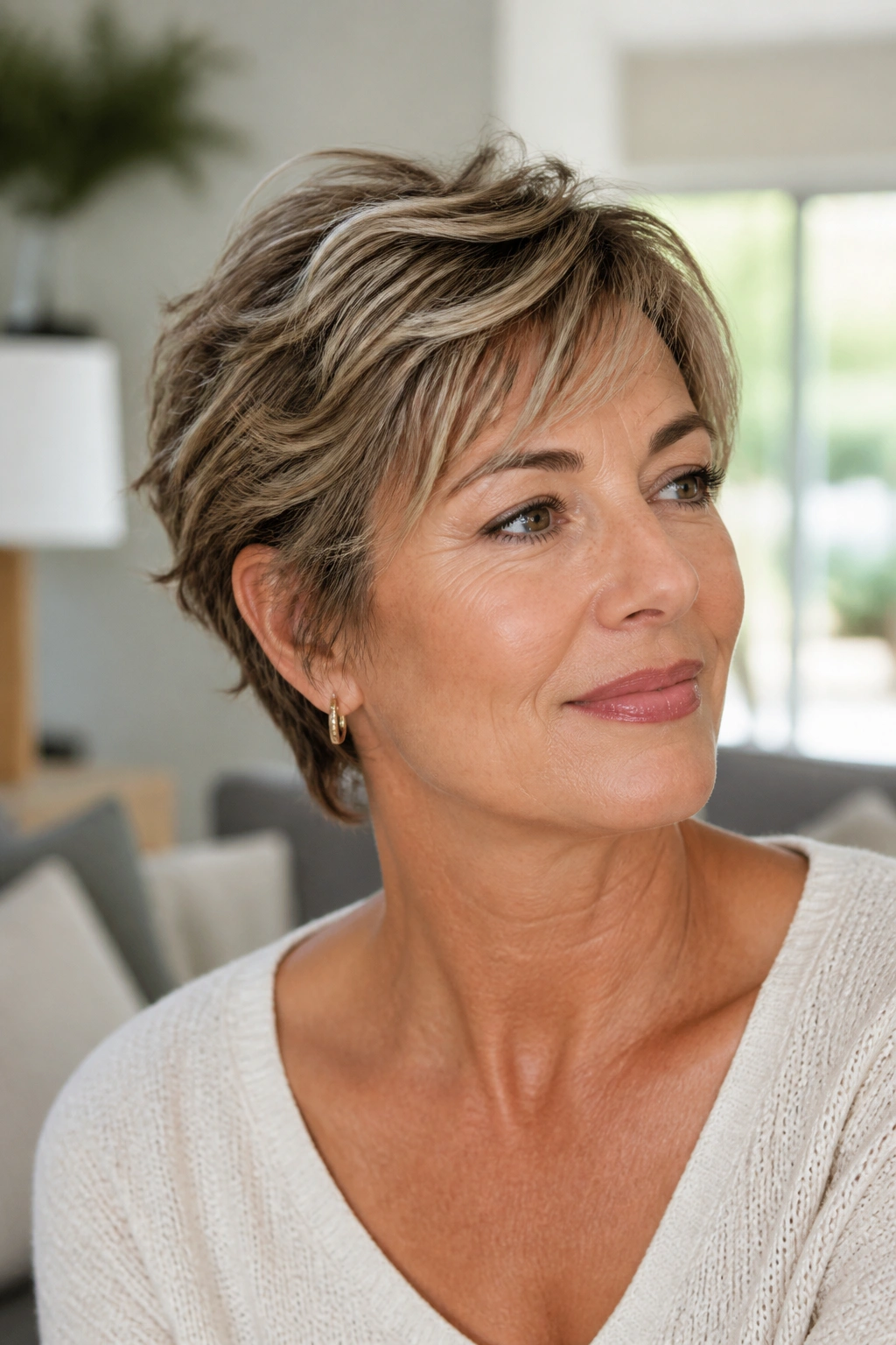 Close-up of a real woman with a bixie haircut, neck visible, bright morning light