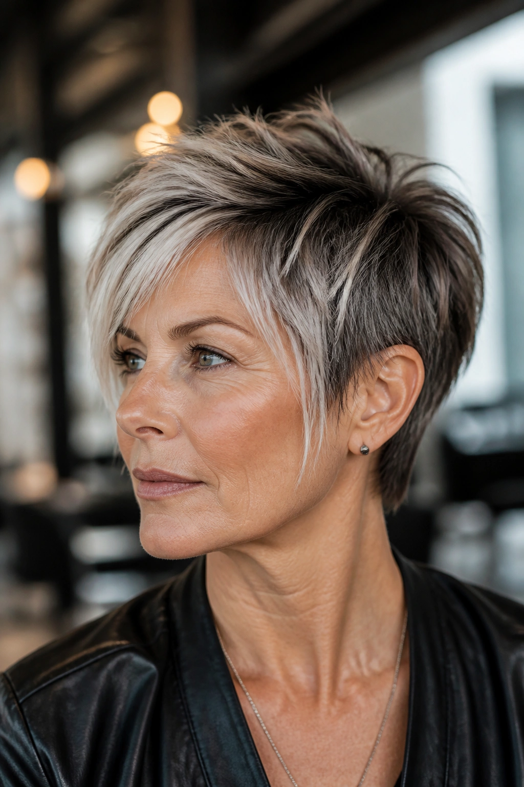 Close-up of a real woman with bixie haircut and platinum tips