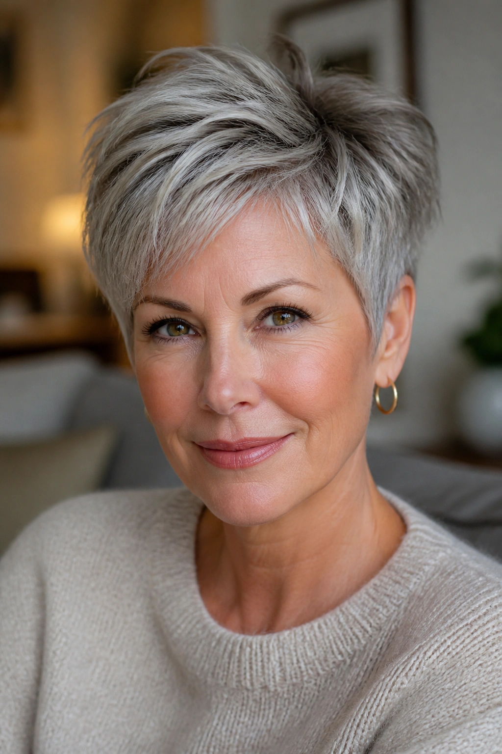 Close-up portrait of a real woman with a bixie hairstyle
